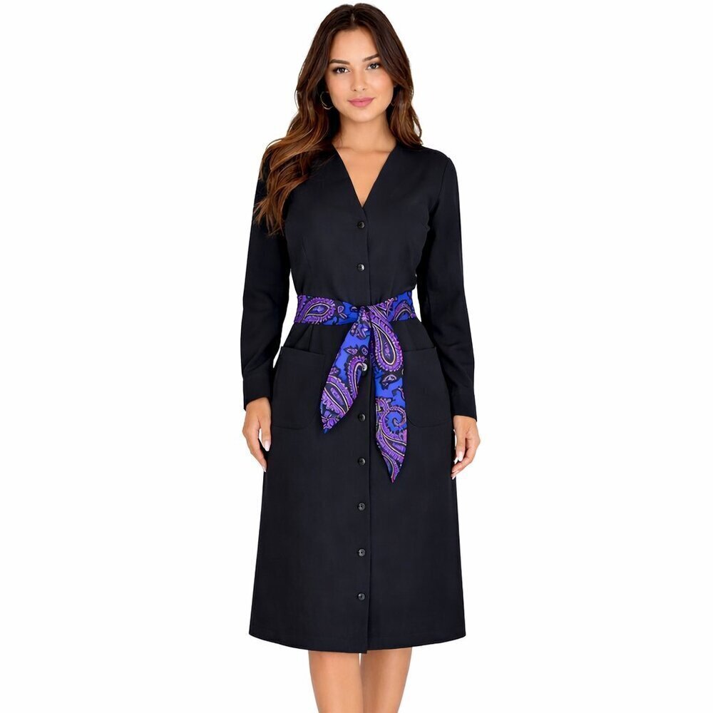 Leslie Fay Midi Shirt Dress Sash Paisley Belt Pockets Vintage Union Made USA